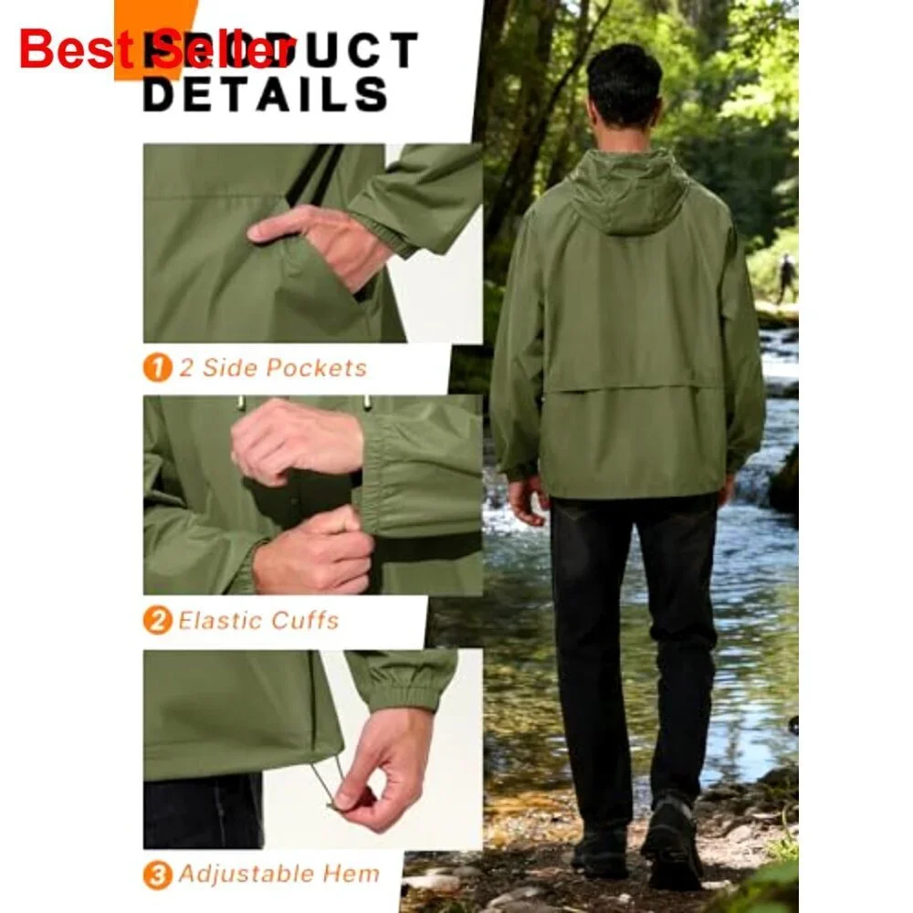 Waterproof Windbreaker Rain Jacket Lightweight Packable Hood Men's